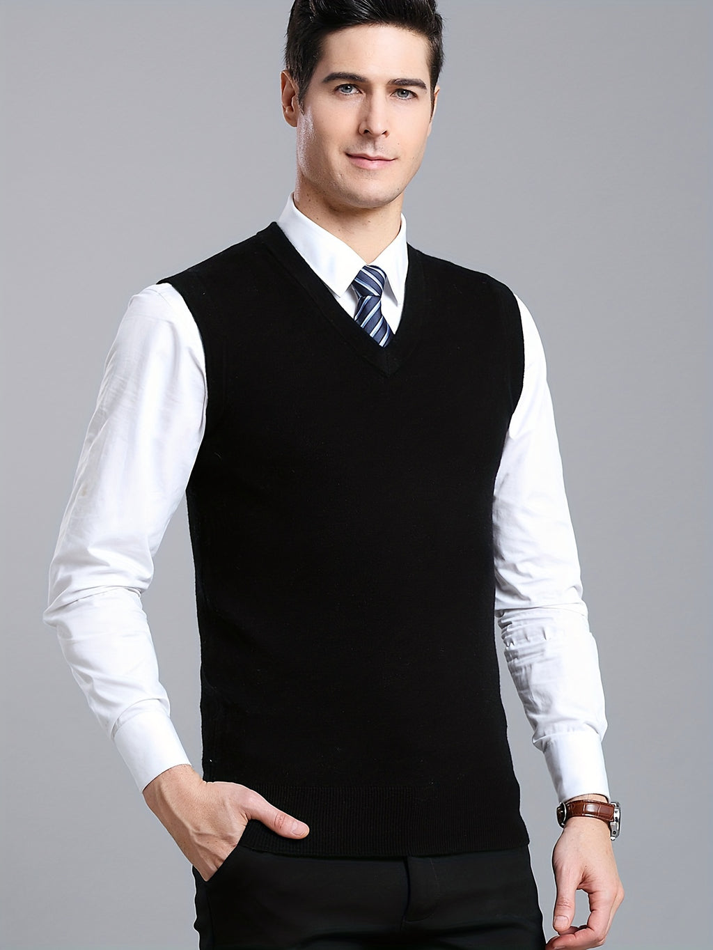 Gilet Homme Sans Manches en Laine Stretch - Texture Côtelée Élégante, Tricot Chaud pour Tenue Décontractée et Golf, Anniversaire - Noir