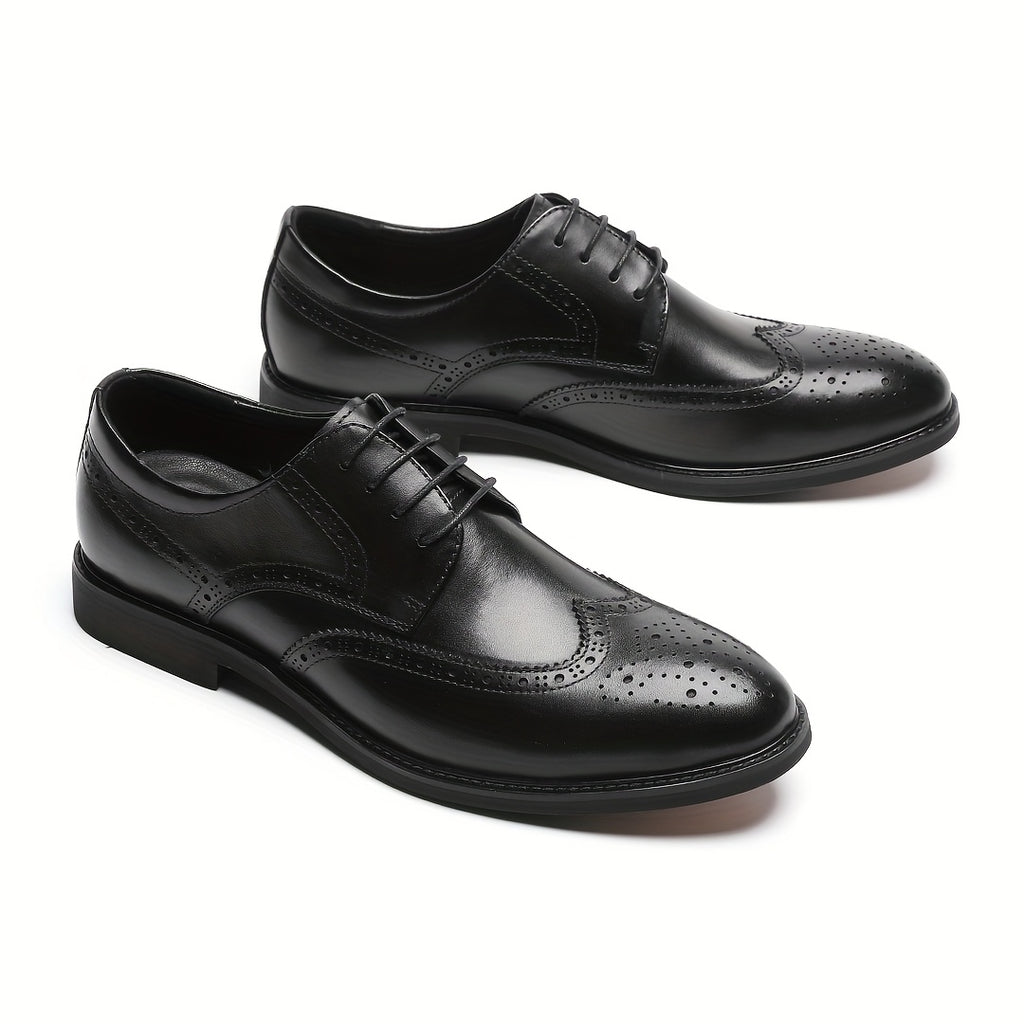 Men's Genuine Leather Dress Shoes - Breathable Wingtip Oxfords with Brogue Design, Classic Black Business & Formal Style for Weddings, Parties, and British Events