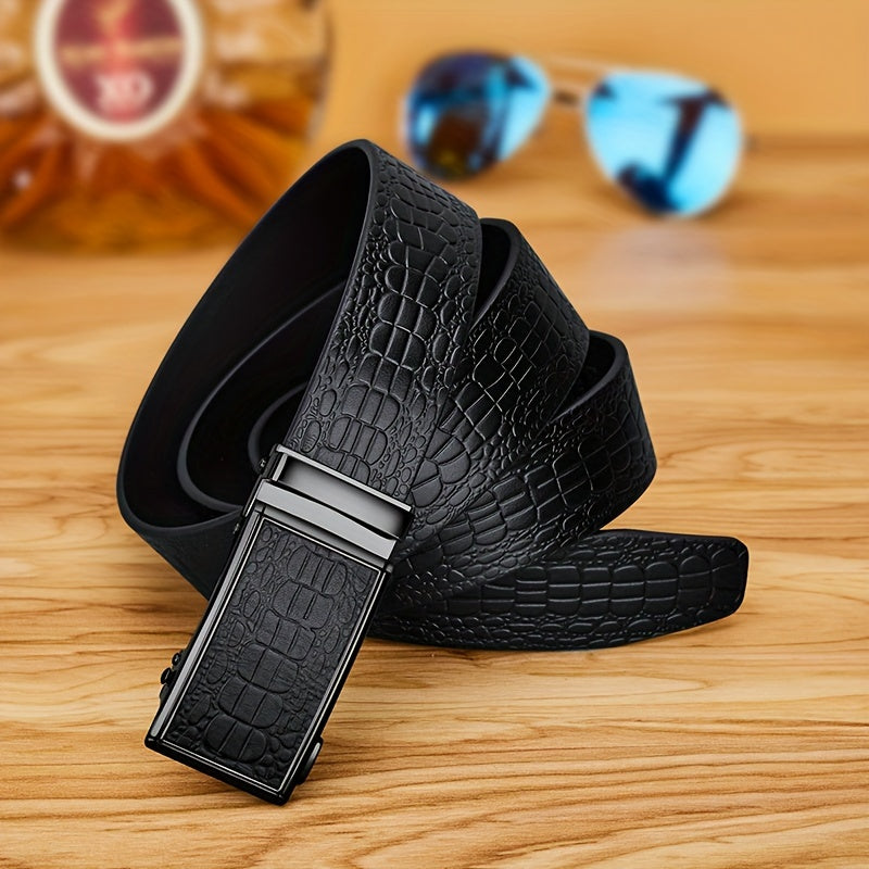 Ceinture en Cuir Véritable pour Homme WilliamPOLO avec Boucle Automatique, Ceinture Noire Ajustable pour Tenue Décontractée d'Affaires