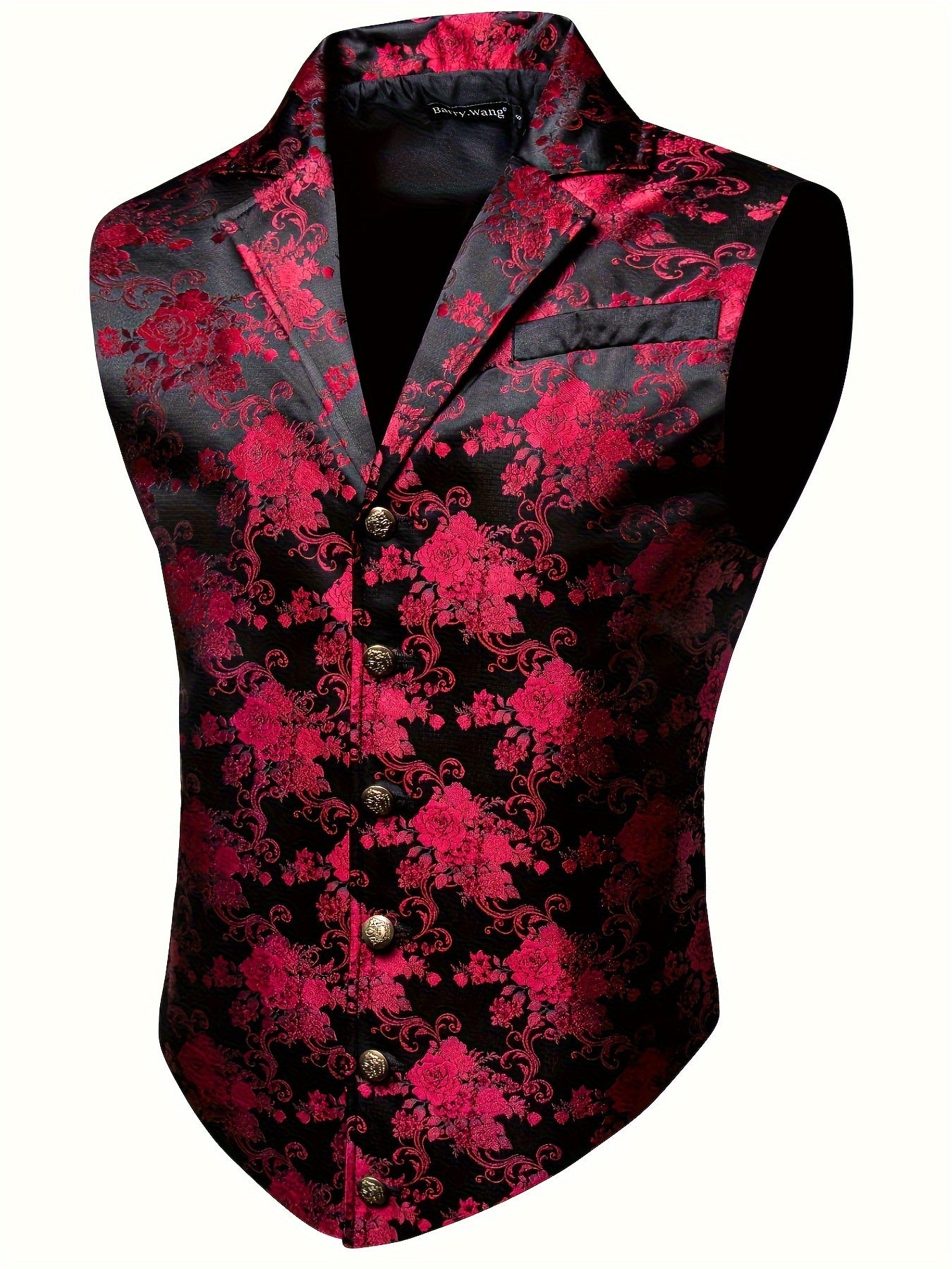 Gilet de Costume Jacquard Floral Vintage pour Hommes - Style Steampunk Gothique, Imprimé Floral Vert & Doré, Col Sur Mesure, Bouton en Cuivre, Poches Latérales, Parfait pour les Mariages, Bal de Promo & Événements Formels