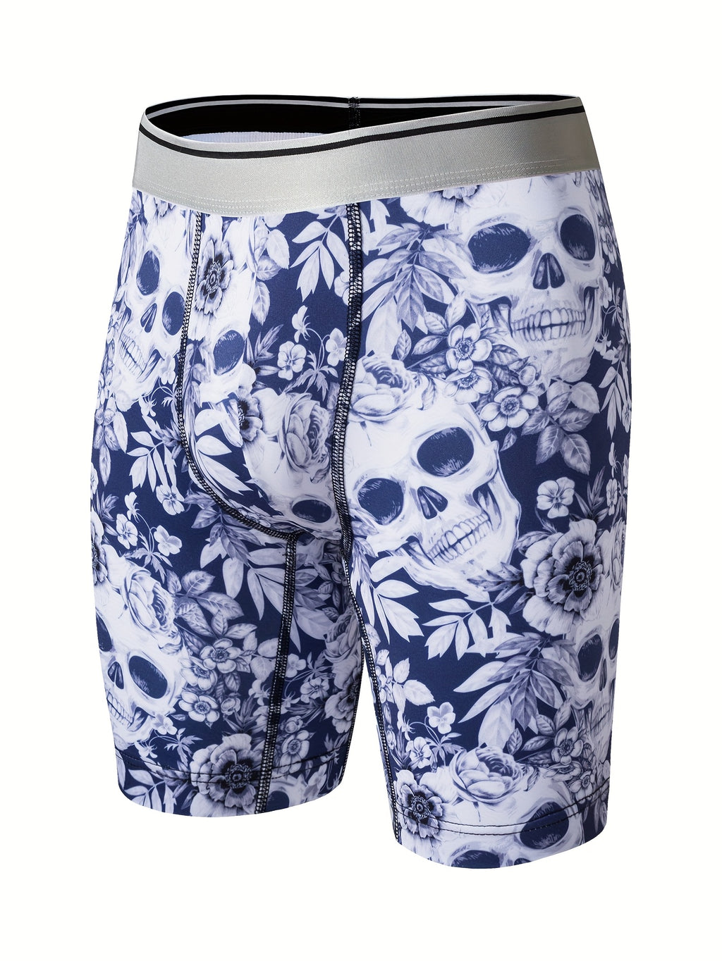 Caleçons à imprimé crâne floral pour hommes, en tissu tricoté polyester à haute extensibilité, design de poche en U pour la peau, anti-rayures et anti-humidité pour un usage quotidien et des activités en extérieur.
