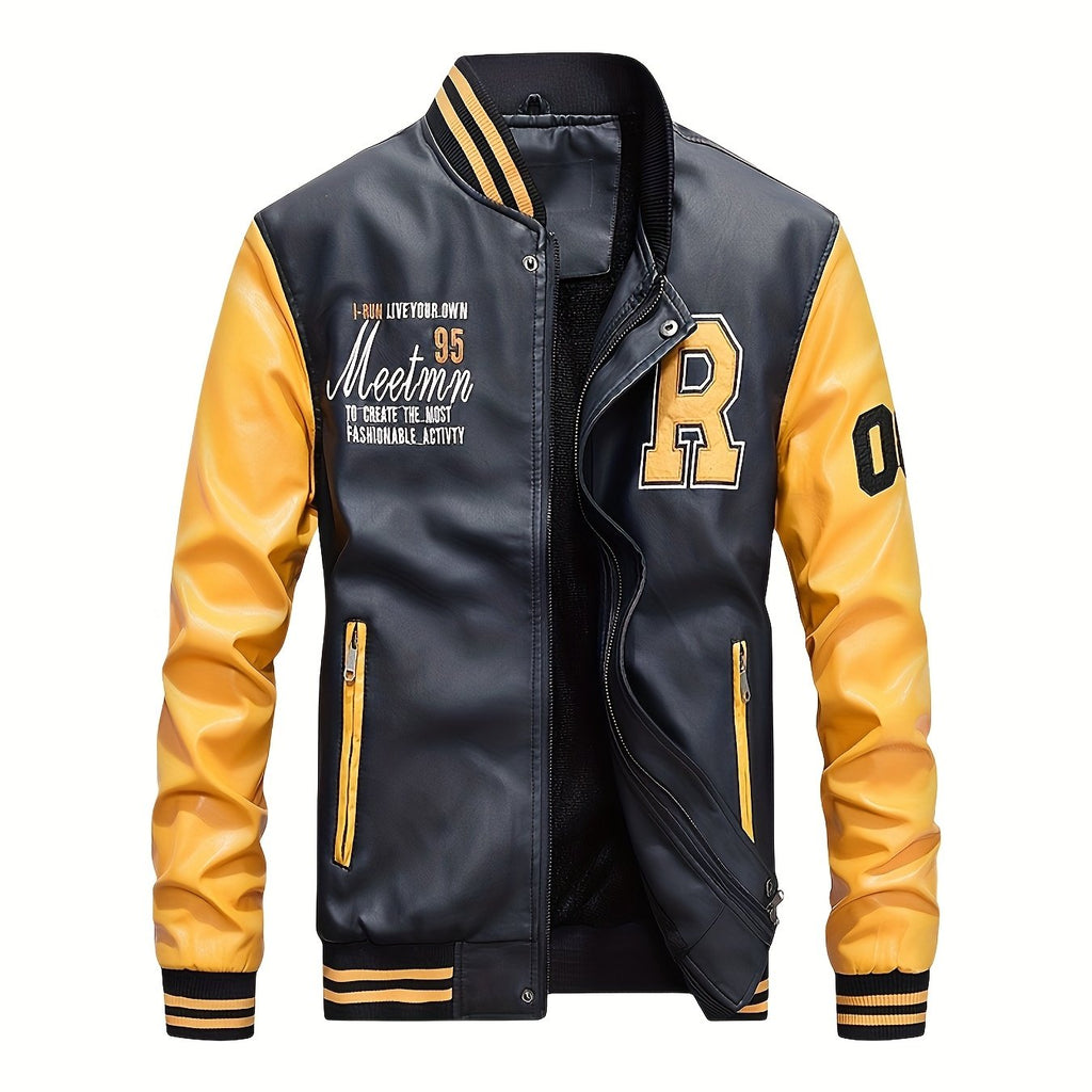 Men's PUPU PU Leather Jacket, Men's Motorcycle PUPU PU Leather Jacket, Fashion Letter PUPU PU Leather Jacket