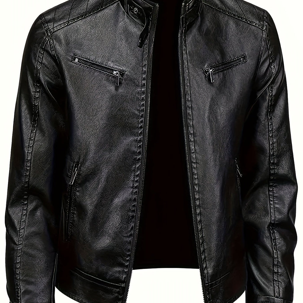 Men's Black PU Leather Jacket - Stylish Stand Collar Moto Biker Outerwear with Zipper & Multiple Pockets, Casual Fall\u002FWinter Fashion, Winter Jacket | Fashion Forward Leatherwear | PU Leather Look, Motorcycle Riding Gear