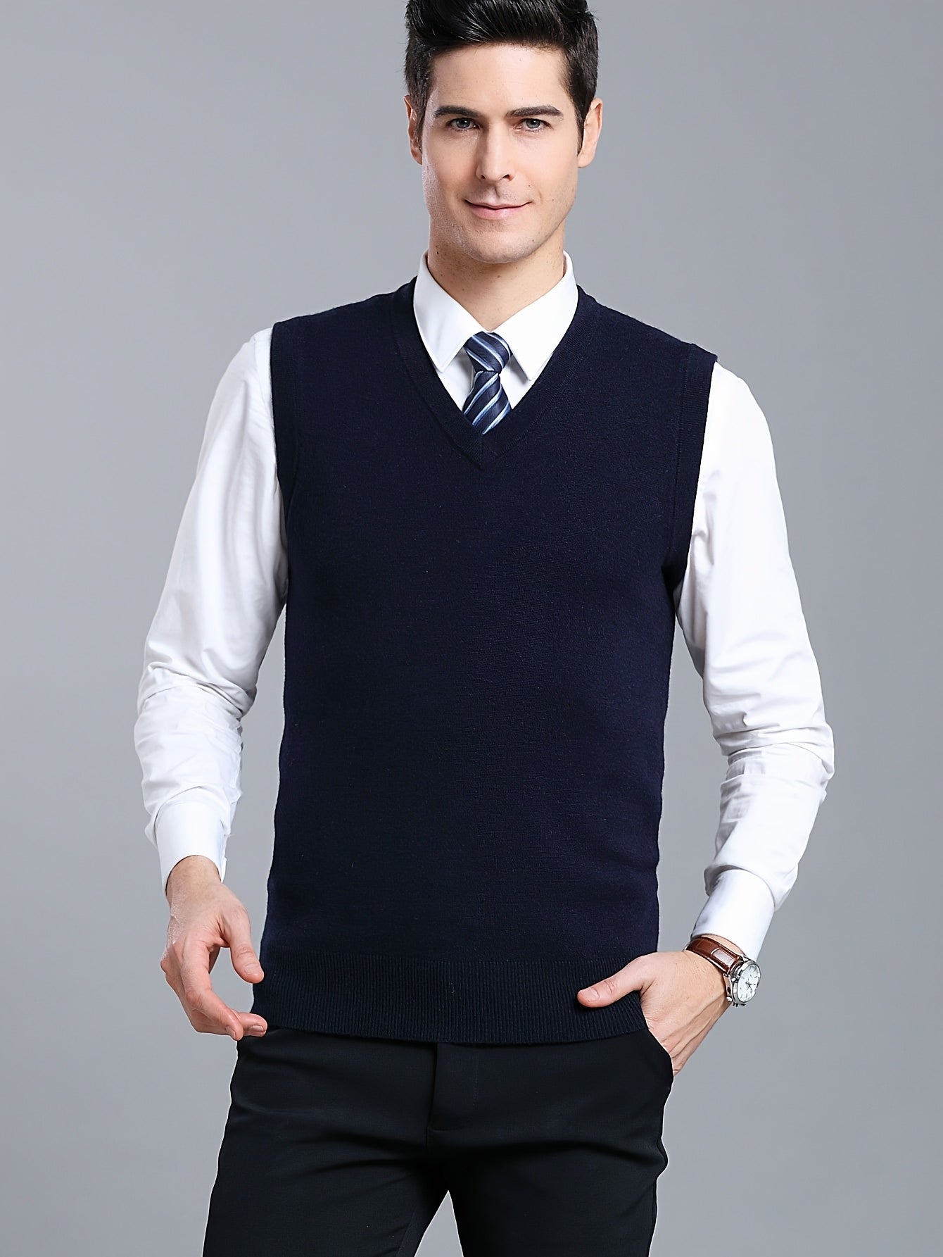 Gilet Homme Sans Manches en Laine Stretch - Texture Côtelée Élégante, Tricot Chaud pour Tenue Décontractée et Golf, Anniversaire - Noir