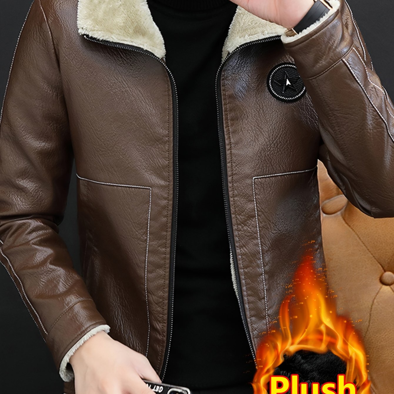 Men'S Faux Leather Jacket, Plush Lined, Zippered Motorcycle Style, Regular Fit, Vintage Look, Polyester Lining, Casual Wear