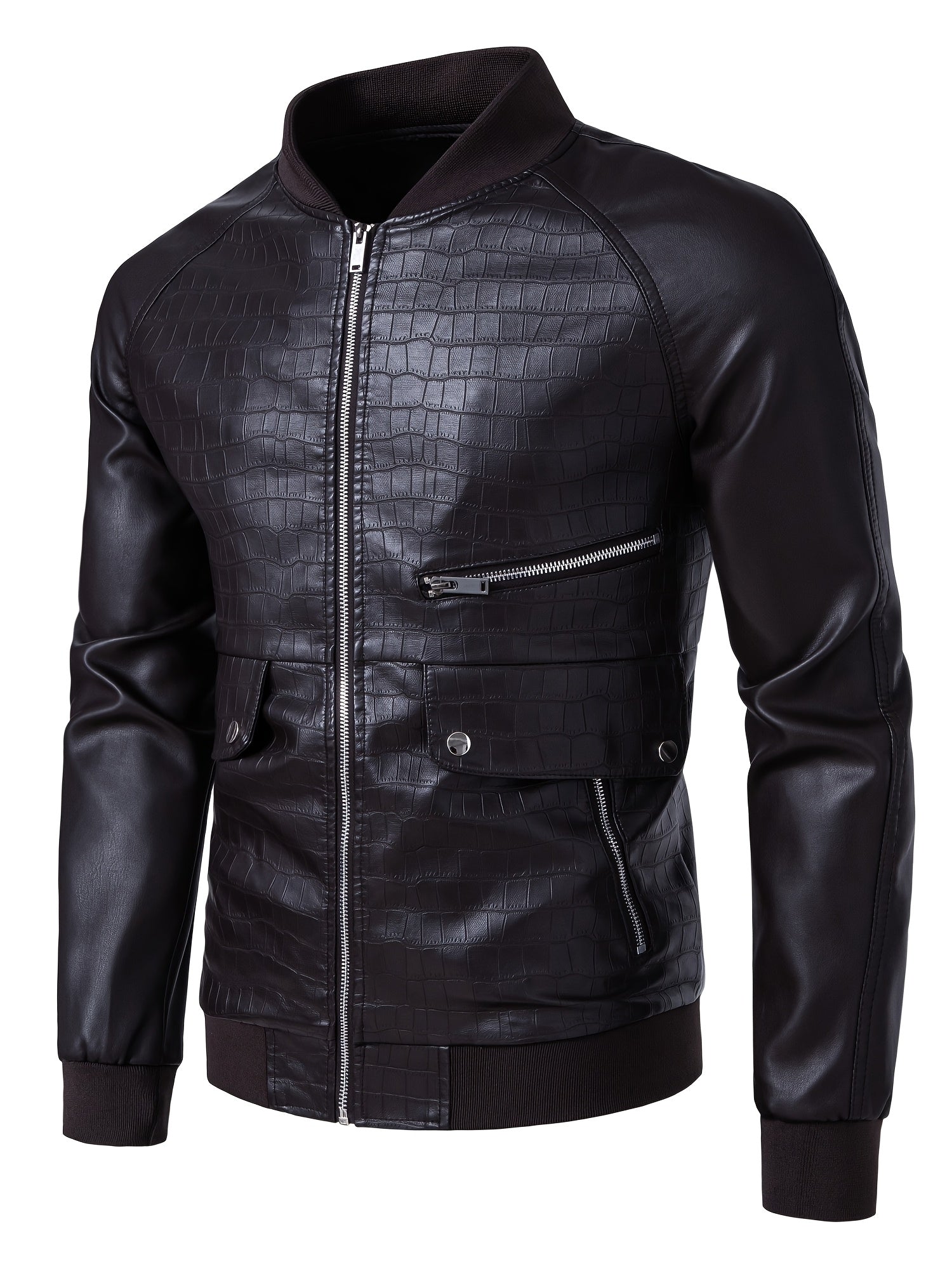 Men's Stylish Black PU Leather Jacket with Zipper Design, Baseball Collar & Crocodile Texture - Perfect for Casual Outings & Outdoor Adventures