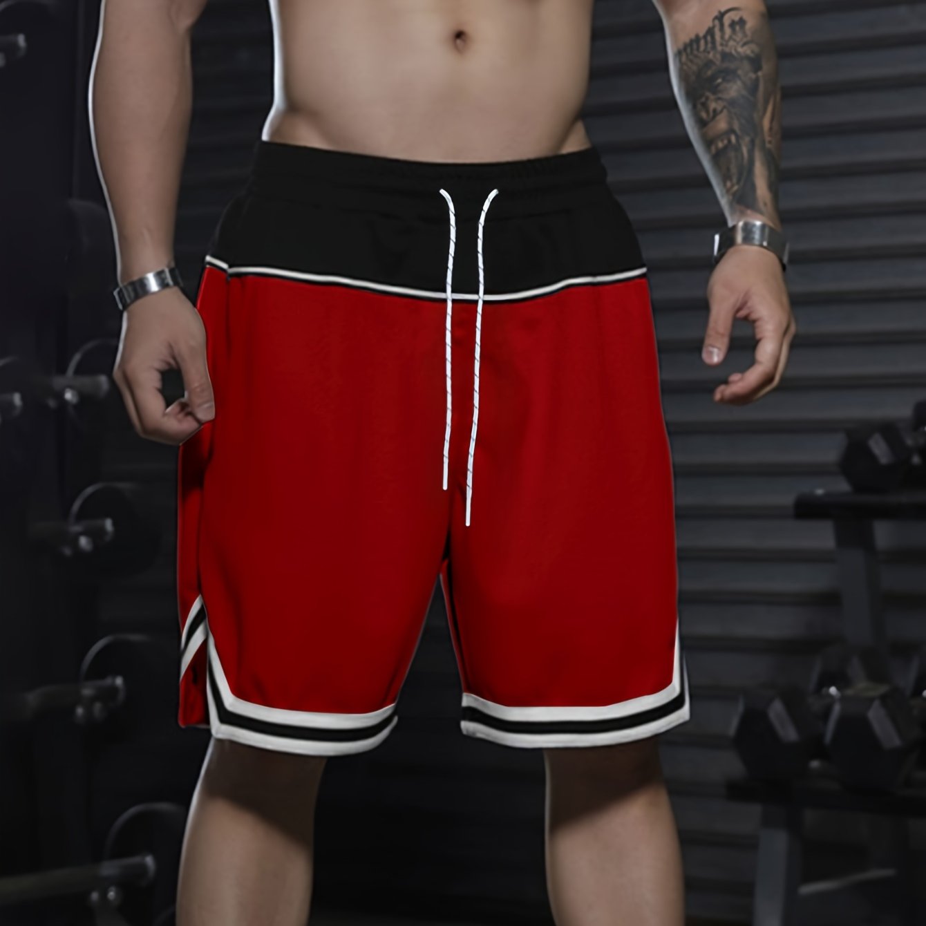 Men's Color Block Striped Shorts With Pockets, Active Elastic Waist Drawstring Shorts For Summer Fitness