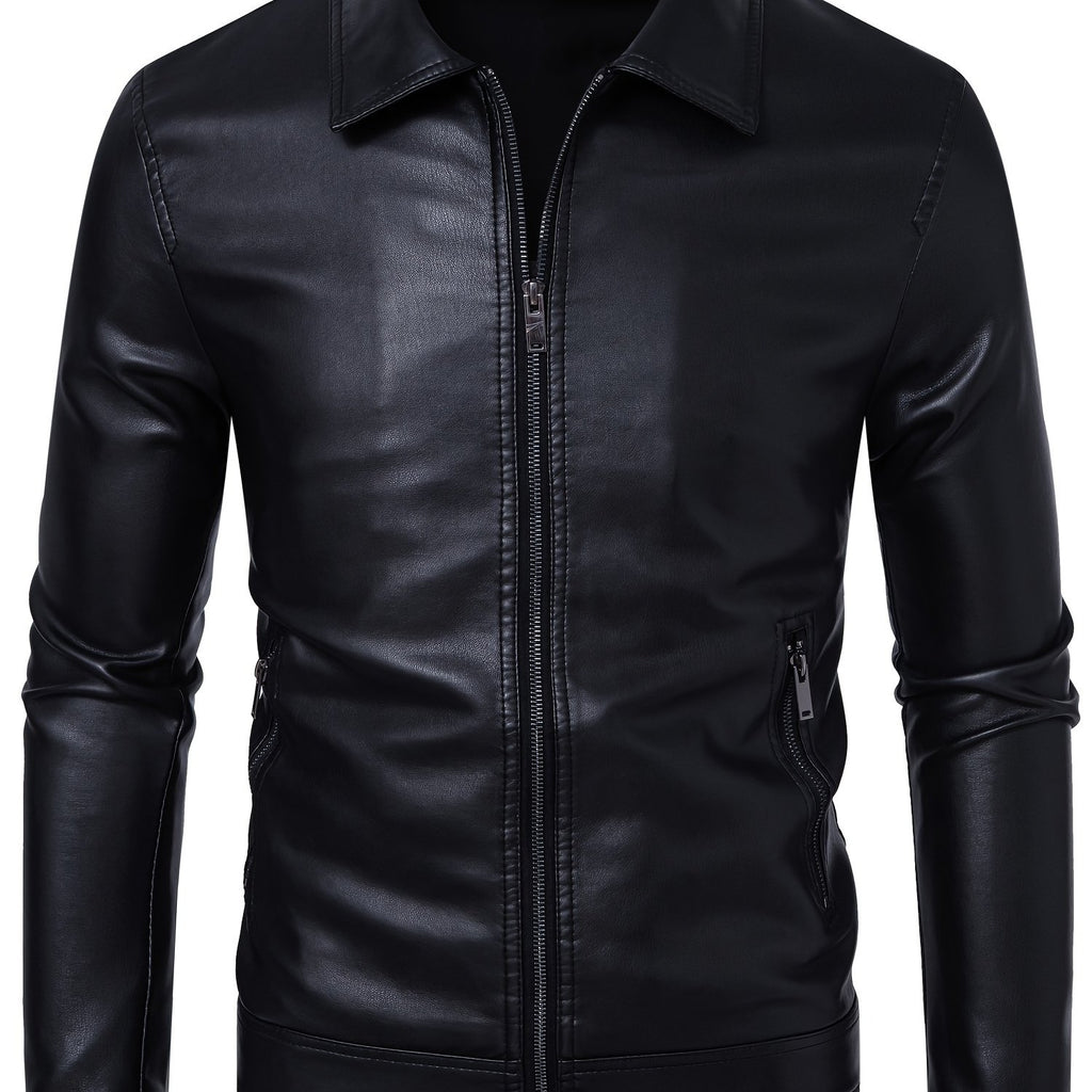 Men's Slim-Fit PU Leather Jacket with Stand-Up Collar - Black Softshell Zipper Front Casual Streetwear Coat, High-Quality Polyester Lining for Autumn Winter