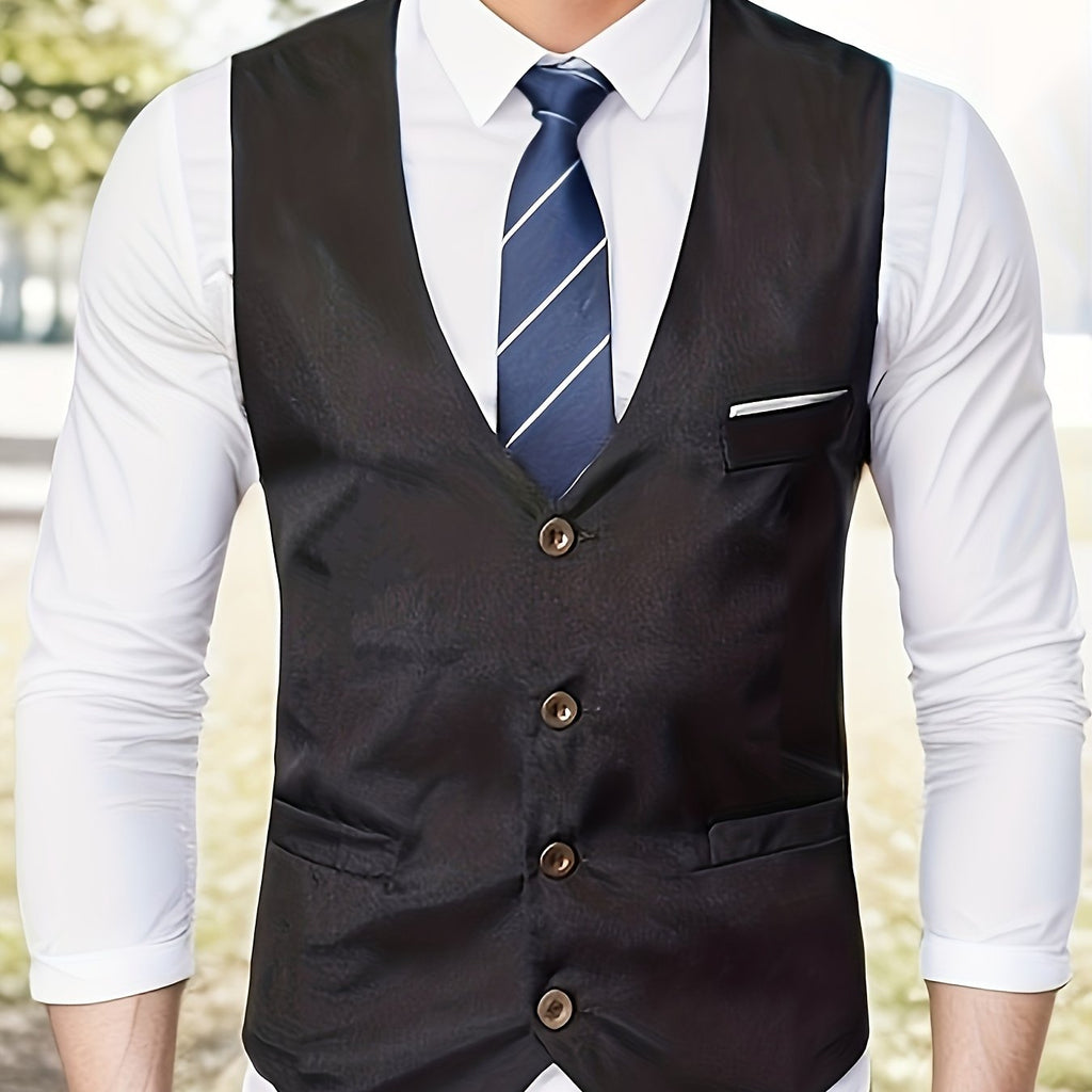 Gilet de Costume à Col en V, Style Rétro Décontracté pour Homme, Gilet Cintré Uni à Simple Boutonnage pour Tenue de Soirée
