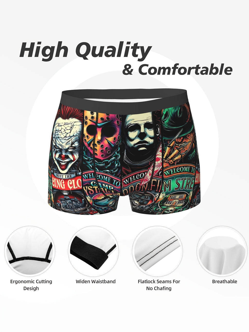 Caleçon Boxer Homme à l'Effigie de Personnages de Films d'Horreur (Jason, Freddy, Michael Myers) - Sous-vêtements Respirants Élastiques - Lavable en Machine, Short de Bain Fantaisie pour Sport et Décontracté | Design Ludique | Coupe Confortable