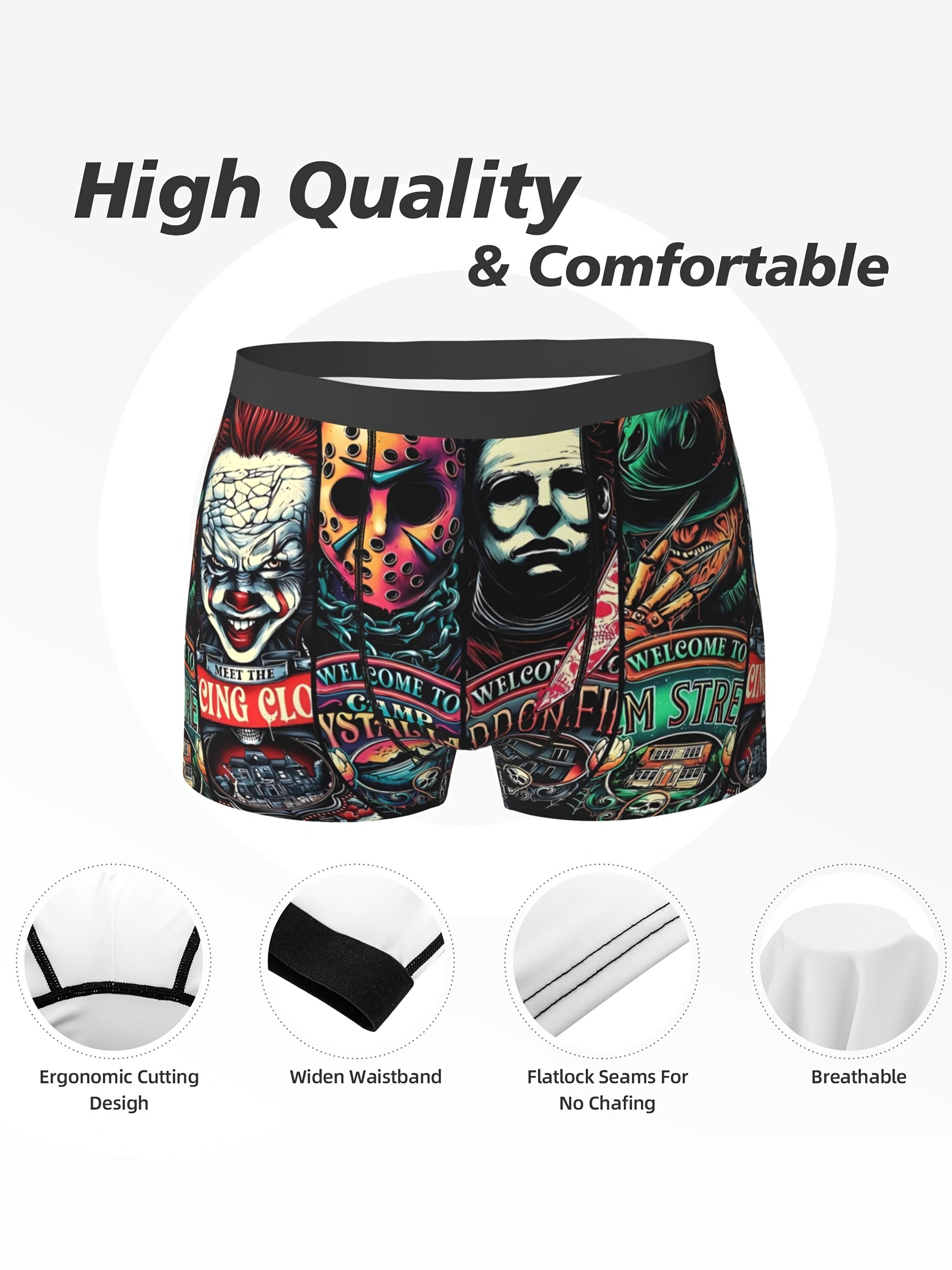 Caleçon Boxer Homme à l'Effigie de Personnages de Films d'Horreur (Jason, Freddy, Michael Myers) - Sous-vêtements Respirants Élastiques - Lavable en Machine, Short de Bain Fantaisie pour Sport et Décontracté | Design Ludique | Coupe Confortable