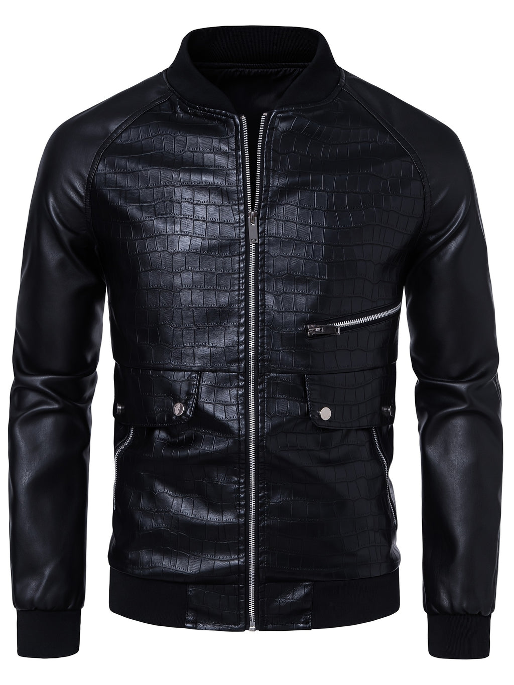 Men's Stylish Black PU Leather Jacket with Zipper Design, Baseball Collar & Crocodile Texture - Perfect for Casual Outings & Outdoor Adventures