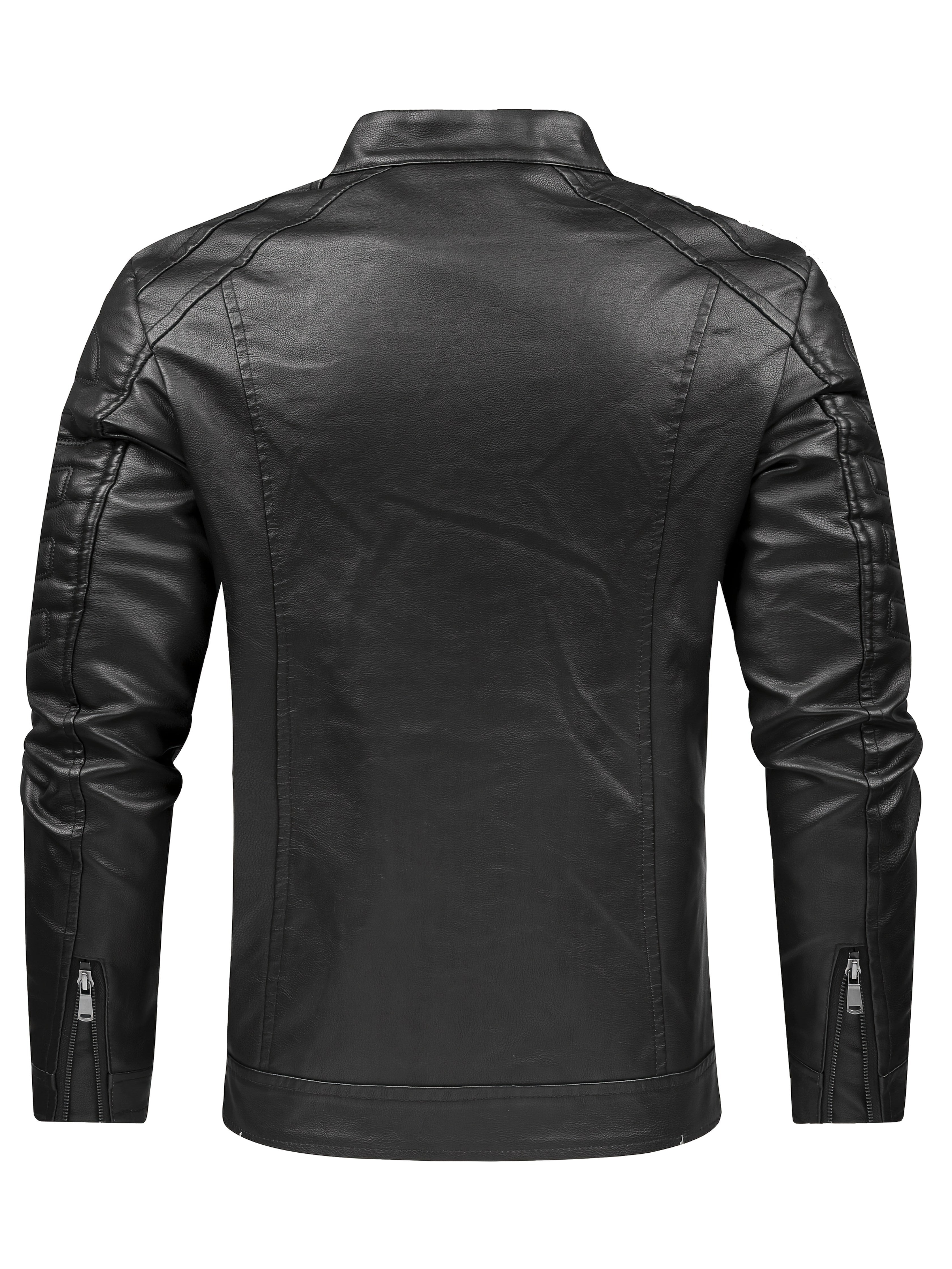 Men's Slim Fit PU Leather Jacket - Black, Double Zipper, Stand Collar, Warm Lined, Casual Style, Machine Washable, Everyday Jacket | Modern PU Leather Jacket | Durable PU Leather Look