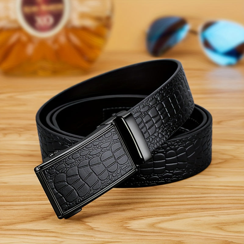 Ceinture en Cuir Véritable pour Homme WilliamPOLO avec Boucle Automatique, Ceinture Noire Ajustable pour Tenue Décontractée d'Affaires