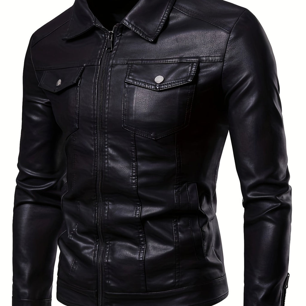 Men's Slim-Fit PU Leather Bomber Jacket with Zipper Closure, Adjustable Stand-Up Collar & Pockets - Black Casual Motorcycle Coat for Autumn Winter, Casual Attire | Durable Outerwear