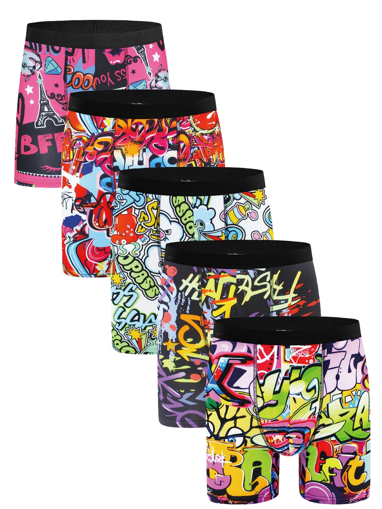 10pcs Boxers Longs pour Hommes à Imprimé Graffiti - Respirants, Mélange de Polyester Extensible, Sous-vêtements Non-Transparents