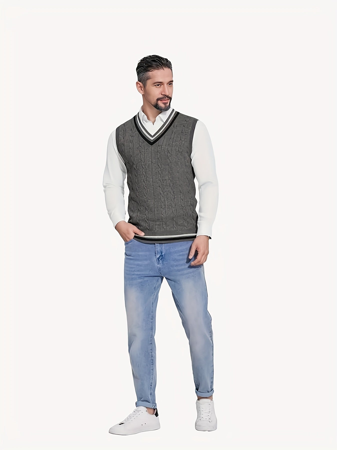 Gilet Homme Sans Manches Col en V Tricoté, Design Décontracté et Rétro, Idéal pour l'Automne et l'Hiver, Parfait pour un Look Décontracté et Sophistiqué en Toute Occasion