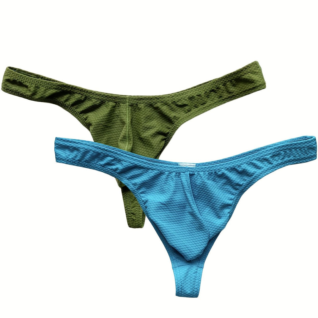 2 culottes hipster unies pour hommes avec pochette, design sexy taille basse, tissu extensible confortable pour tenues décontractées - Vert et bleu