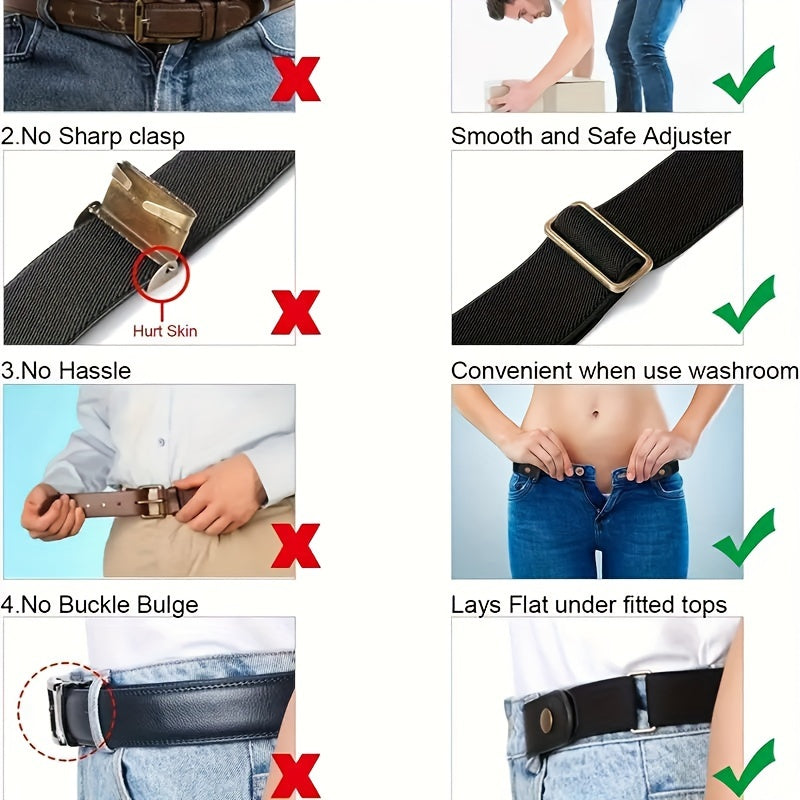 2pcs Ceinture en cuir PU élastique pour hommes sans boucle - Ceinture invisible, réglable et confortable en PU pour jeans et pantalons avec fermoir rond