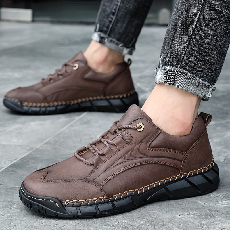 Men's Genuine Leather Business Casual Sports Shoes - Low-Top Lace-Up Design with Rubber Sole, All-Season Comfort for Office, Gym & Daily Wear, Versatile Footwear, Sleek Shoe Design, Comfortable Interior Lining