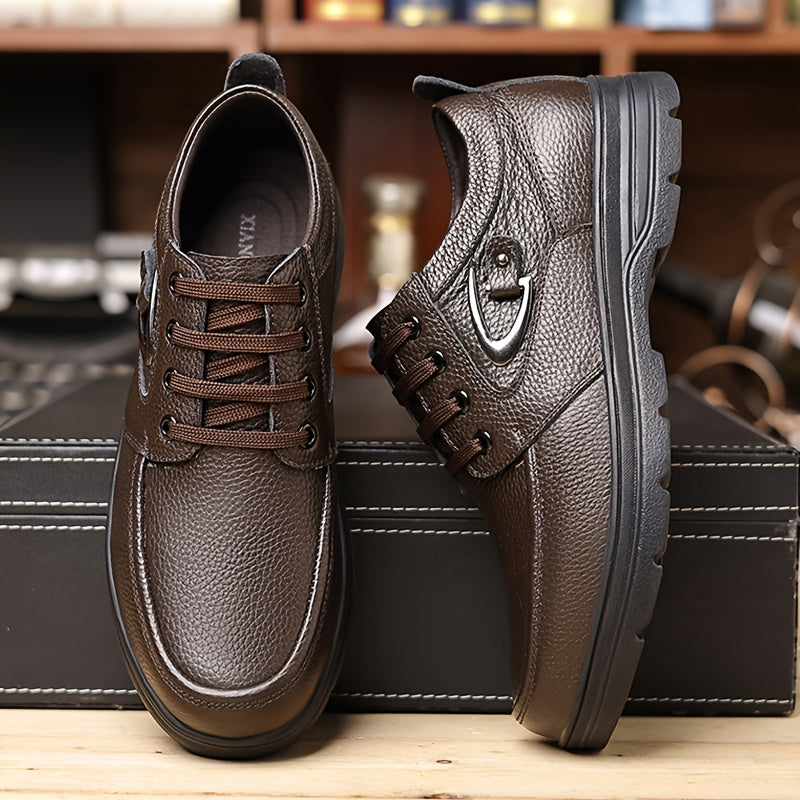 Men's New Spring Genuine Leather Shoes, Top Layer Cowhide Genuine Leather Breathable Business Casual Shoes Retro Trendy Soft Sole Anti-slip Lace-up Round Head Large Size Men's Shoes