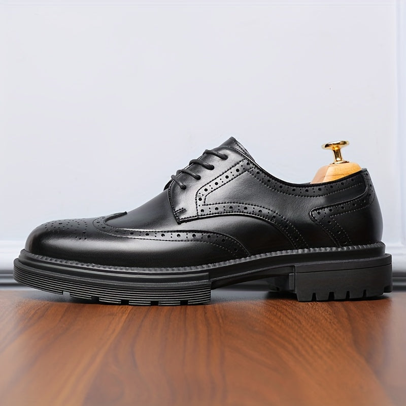 Men's Genuine Leather Business Casual Shoes - Breathable Low-Top Lace-Up Formal & Semi-Formal Footwear with Thick Rubber Sole, Pointed Toe, Black for Office & Casual Wear