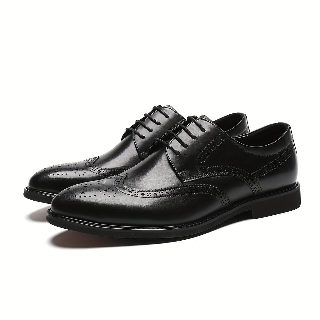 Men's Genuine Leather Dress Shoes - Breathable Wingtip Oxfords with Brogue Design, Classic Black Business & Formal Style for Weddings, Parties, and British Events