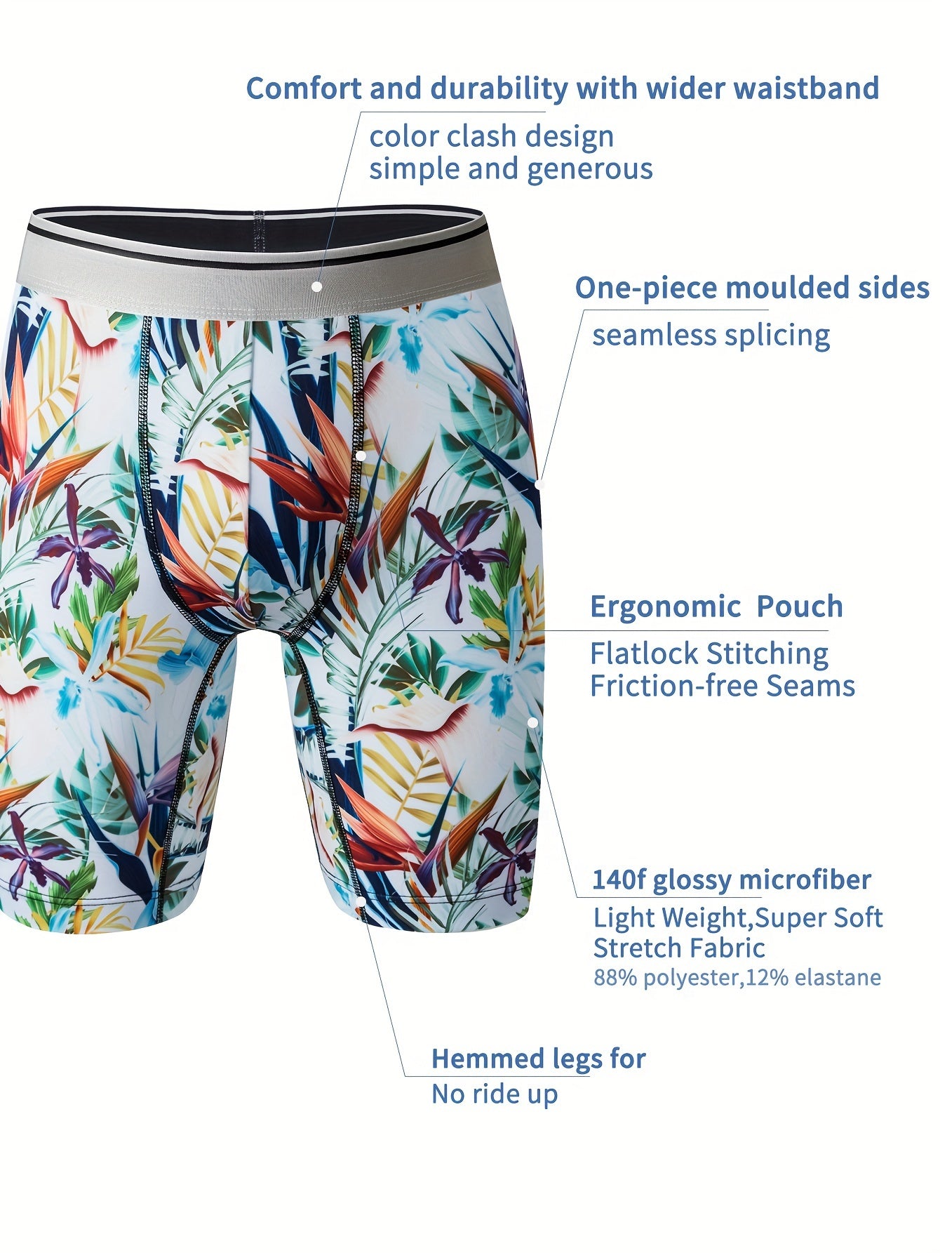 1pc Boxer pour homme à imprimé floral tropical, tissu en tricot polyester hautement extensible, ceinture contrastée, soutien ergonomique complet, anti-humidité, séchage rapide, anti-frottement, idéal pour l'extérieur, le sport, les tenues décontractées