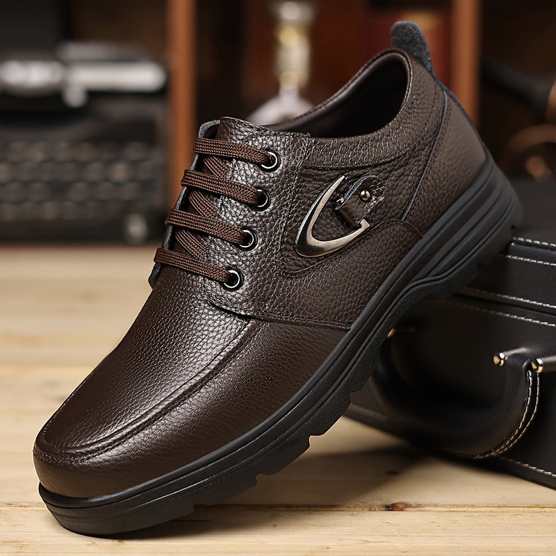 Men's New Spring Genuine Leather Shoes, Top Layer Cowhide Genuine Leather Breathable Business Casual Shoes Retro Trendy Soft Sole Anti-slip Lace-up Round Head Large Size Men's Shoes