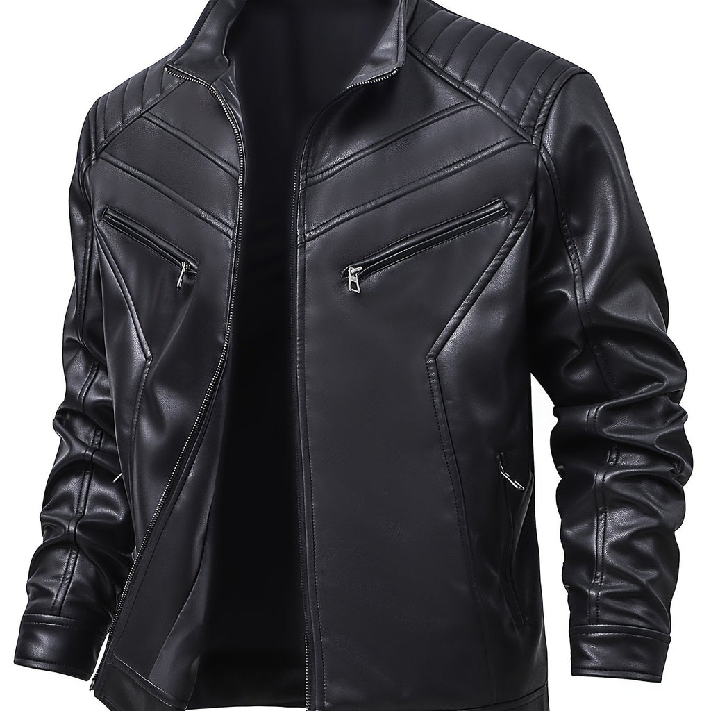 Men's PU Leather Motorcycle Jacket with Stand Collar, Multiple Pockets & Zipper Closure - Casual Workwear Style for All-Season Riding & Daily Wear, Motorcycle Riding Gear, Daily Wear Jacket, Zipper Closure Jacket, Functional Design