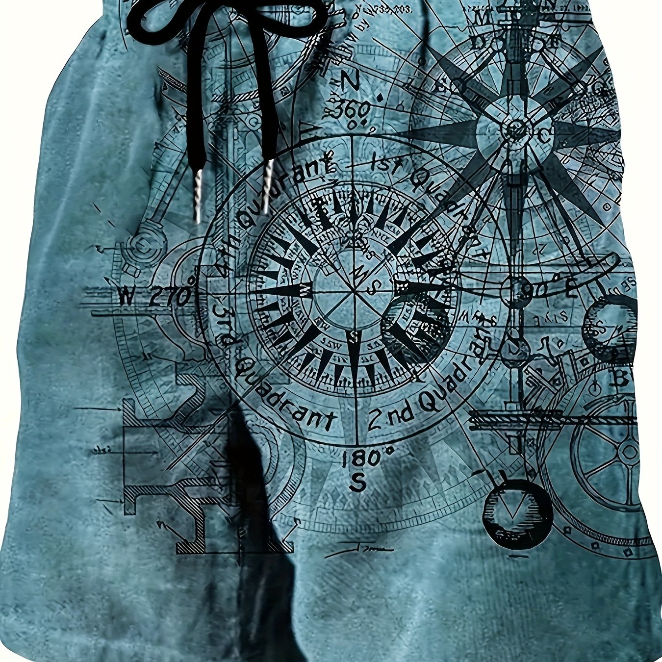Men's Vintage Nautical Quick-Dry Shorts - Compass & Sailing Charts Design, Ideal for Summer Water Sports, Beach, and Surfing, Lightweight Polyester Fabric with Drawstring Waist