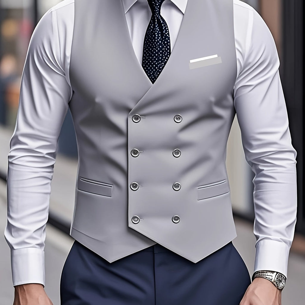 Gilet Sans Manches à Double Boutonnage pour Homme - Noir, Col en V, Léger et Élégant pour Affaires ou Occasions Formelles