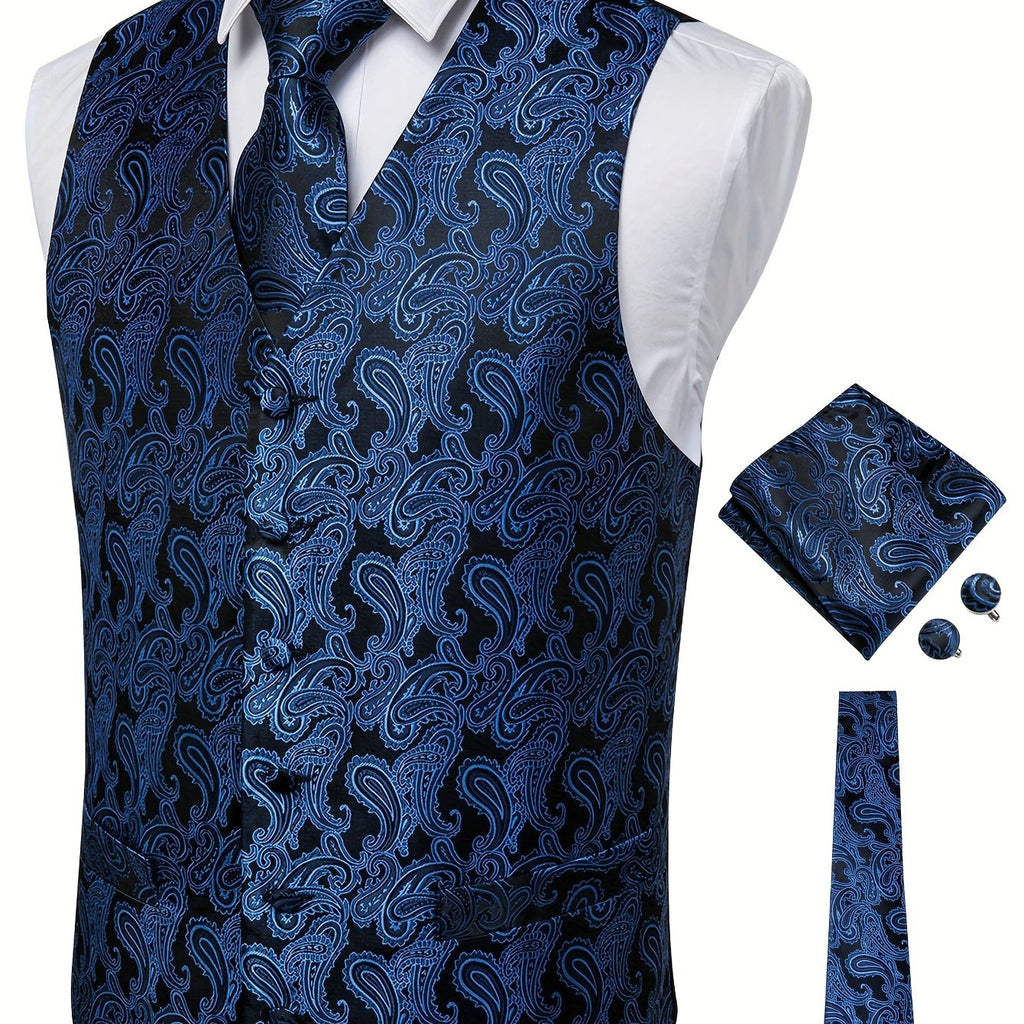 Gilet élégant en jacquard cachemire pour homme avec cravate + mouchoir + boutons de manchette pour mariage\u002Foccasions spéciales