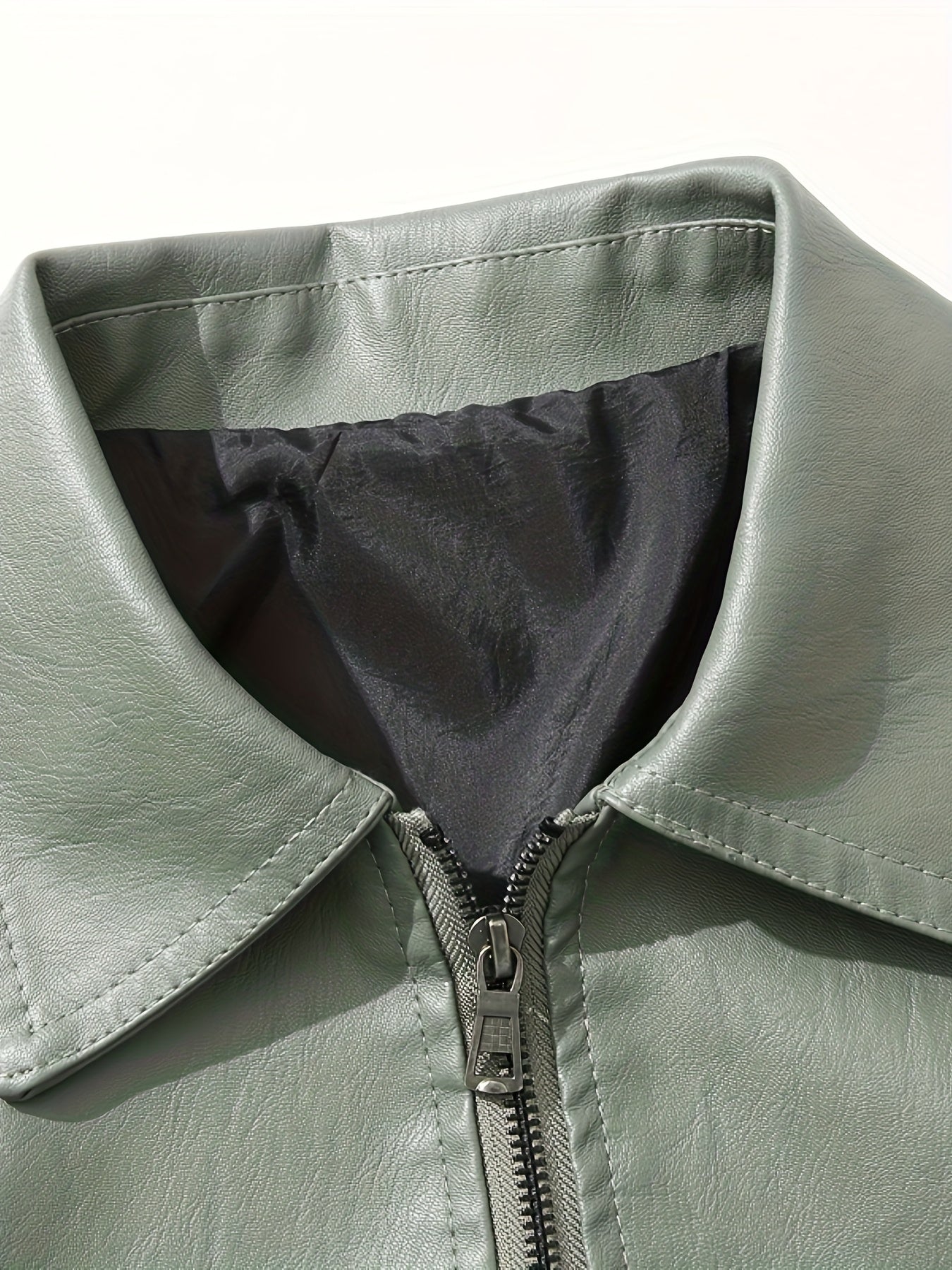 PUPU PU Leather Men's Big & Tall Casual Jacket - Light Green PU Leather Windproof Motorcycle Style with Zipper Closure, Polyester Lining & Side Pockets, Regular Fit for Spring\u002FFall Outdoor Hiking & Casual Wear, Durable Fashion