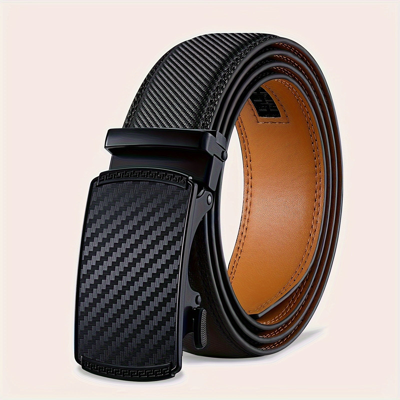 Ceinture en Cuir Véritable pour Homme Castle Korin - Noire Élégante avec Texture en Fibre de Carbone, Largeur Ajustable de 35mm, Boucle Automatique en Alliage pour Affaires ou Tenue Décontractée