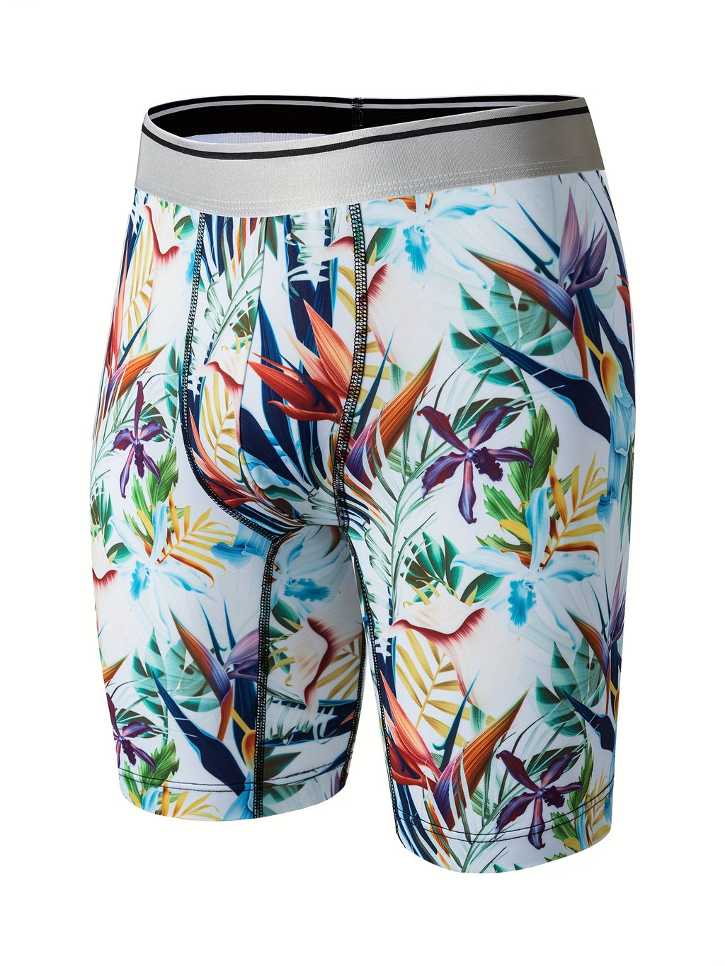 1pc Boxer pour homme à imprimé floral tropical, tissu en tricot polyester hautement extensible, ceinture contrastée, soutien ergonomique complet, anti-humidité, séchage rapide, anti-frottement, idéal pour l'extérieur, le sport, les tenues décontractées