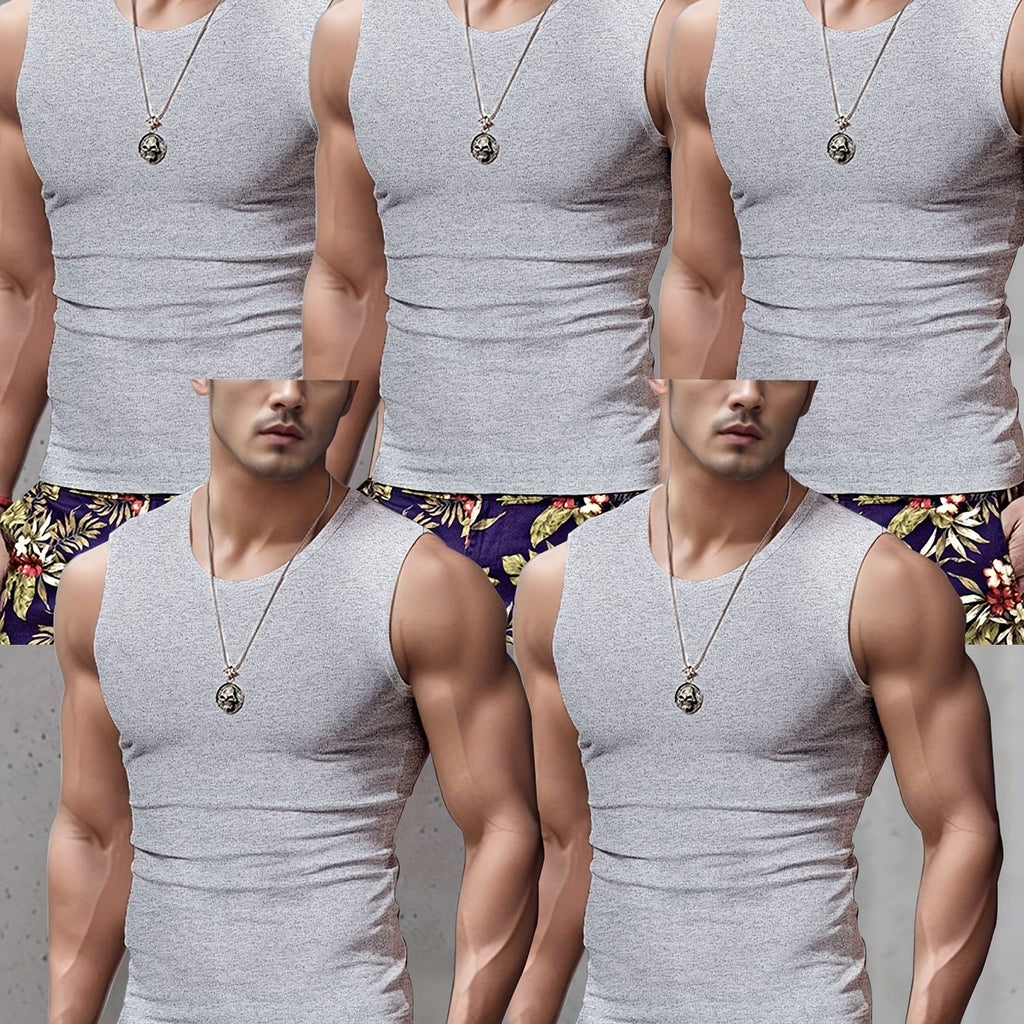 5 débardeurs pour hommes à larges épaules - Noir, Gris, Blanc - Sans manches, respirant, col rond - Pour le sport et le fitness