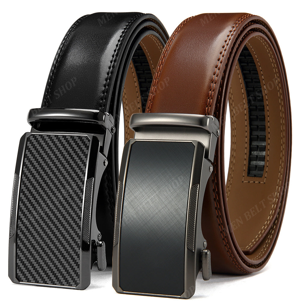2pcs Ceintures en Cuir de Qualité Supérieure pour Hommes - Longueur Réglable, Durable avec Boucle Automatique, Finition Texturée - Idéales pour le Port Affaires & Décontracté en Noir, Marron Foncé & Fibre de Carbone Noire, Ceinture en Cuir