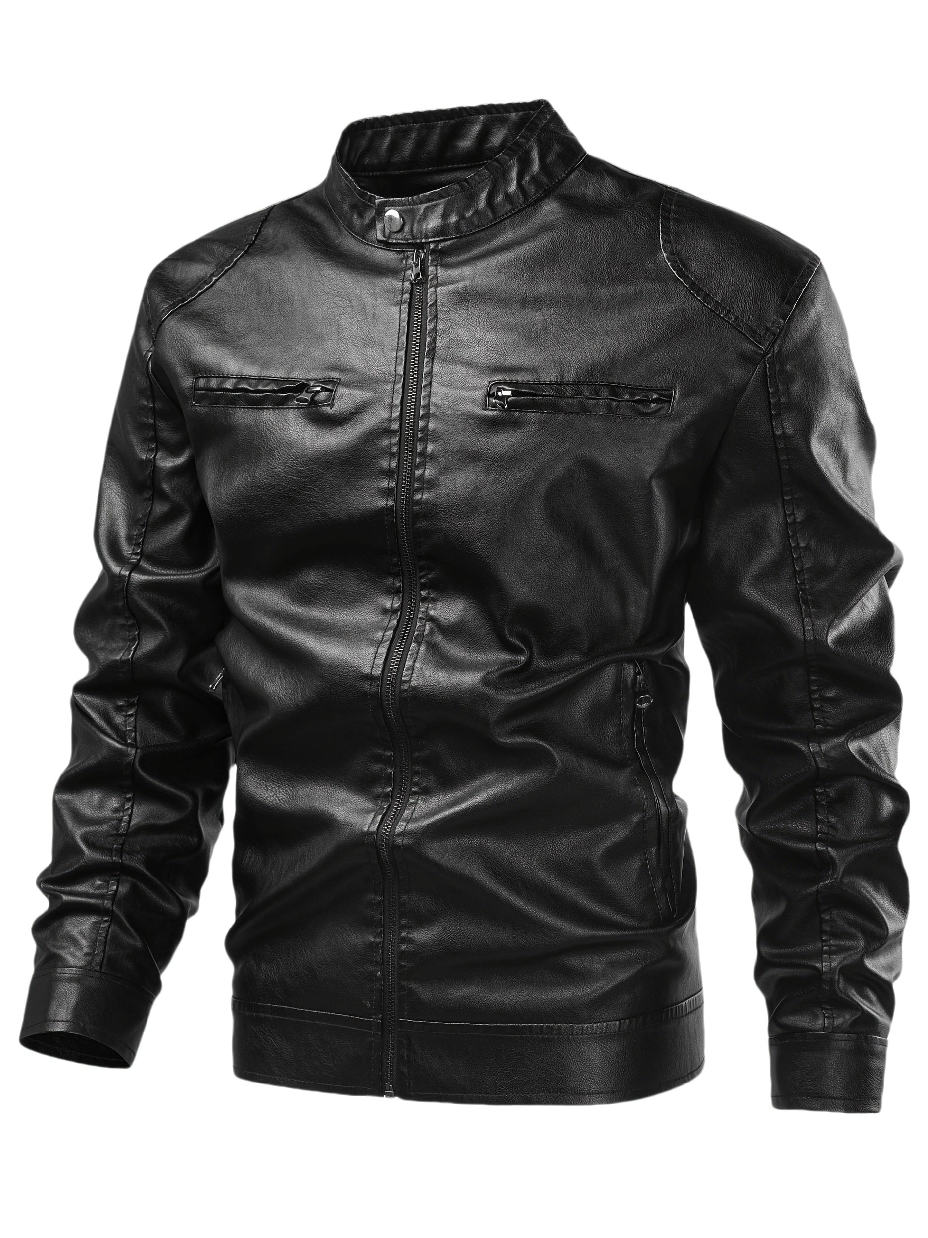 Men'S Casual Faux Leather Jacket - Black, Four-Season Zip-Up with Button Closure, Non-Stretch Fabric, Perfect for Outdoor Activities & Casual Attire, Hiking Jacket | Buttonup Jacket | Durable Construction