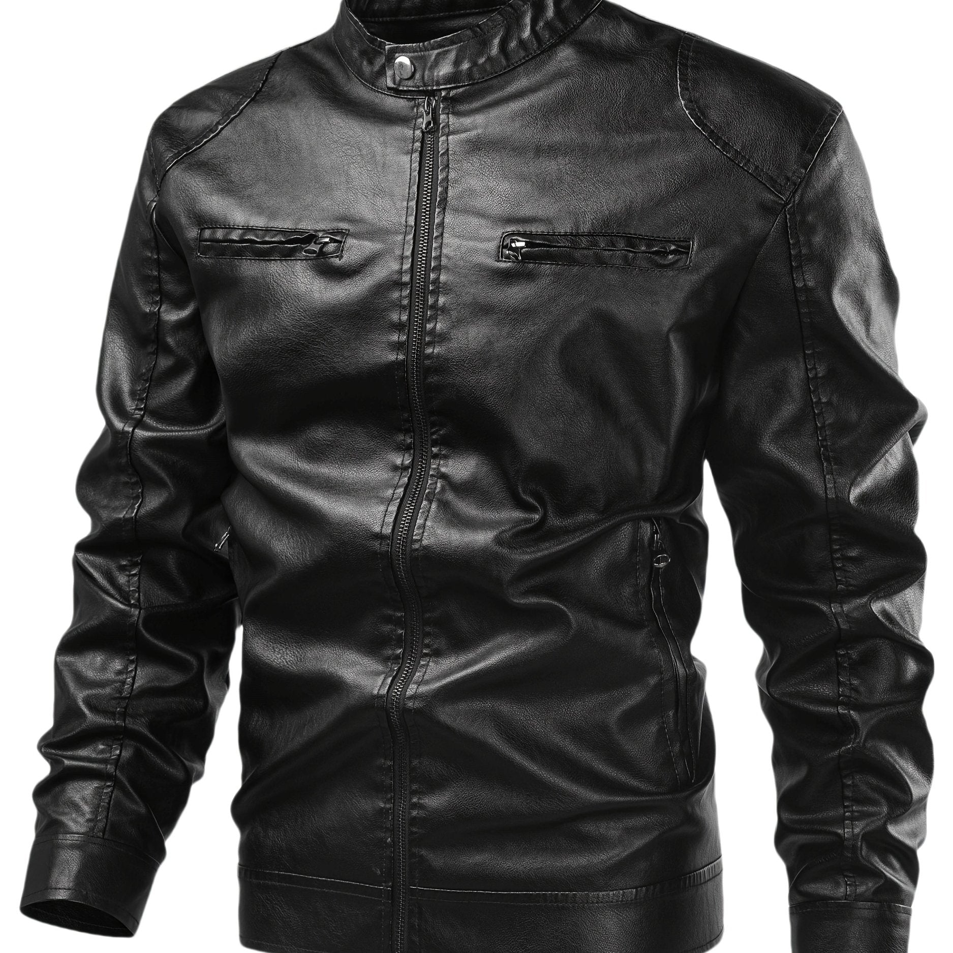 Men'S Casual Faux Leather Jacket - Black, Four-Season Zip-Up with Button Closure, Non-Stretch Fabric, Perfect for Outdoor Activities & Casual Attire, Hiking Jacket | Buttonup Jacket | Durable Construction