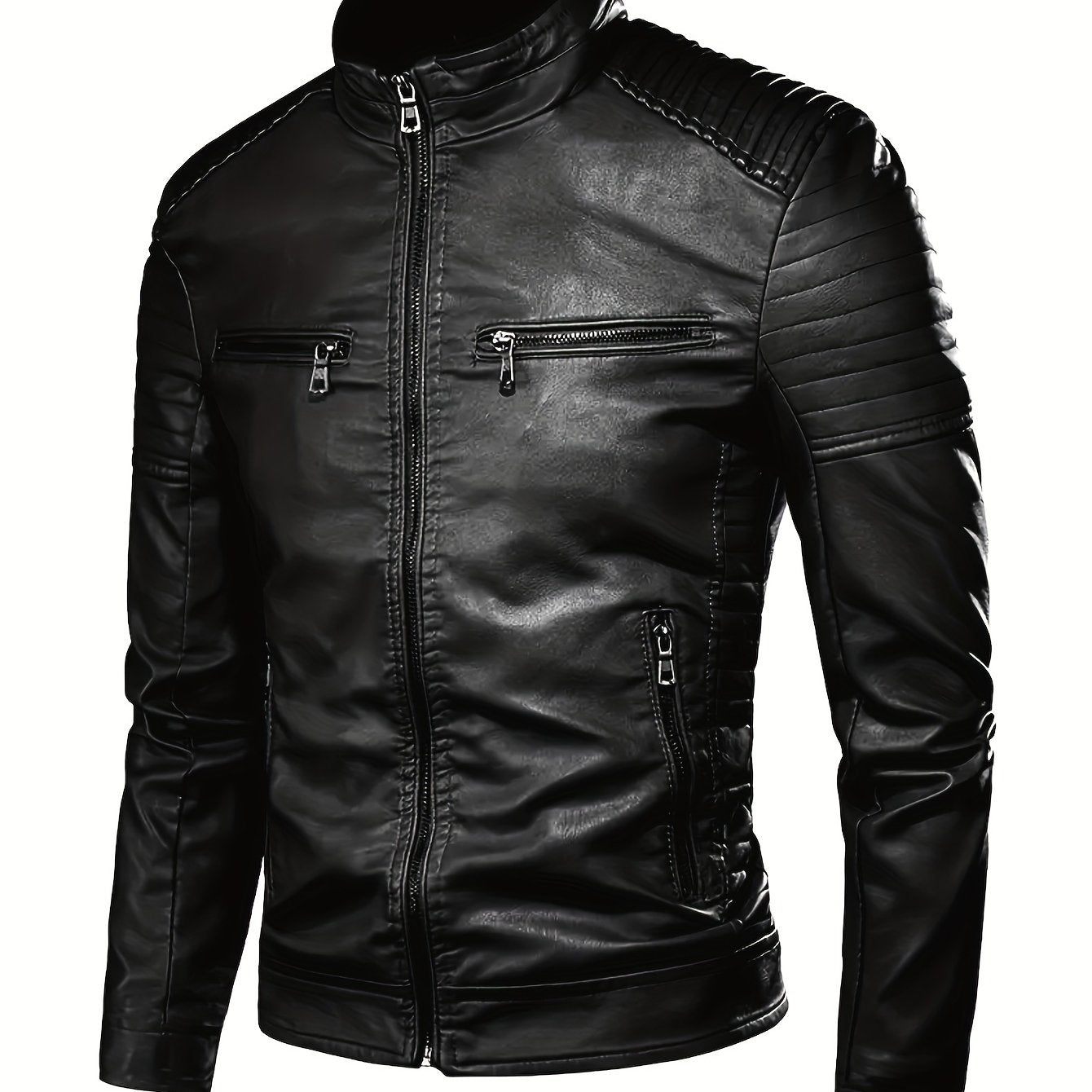Men'S Punk Style Faux Leather Jacket - Windproof Casual Biker-Inspired Zip-Up with Stand Collar, Full-Zip Front, and Side Pockets for Spring & Fall, Winter Apparel | Stand Collar Jacket | Zipper Closure Jacket