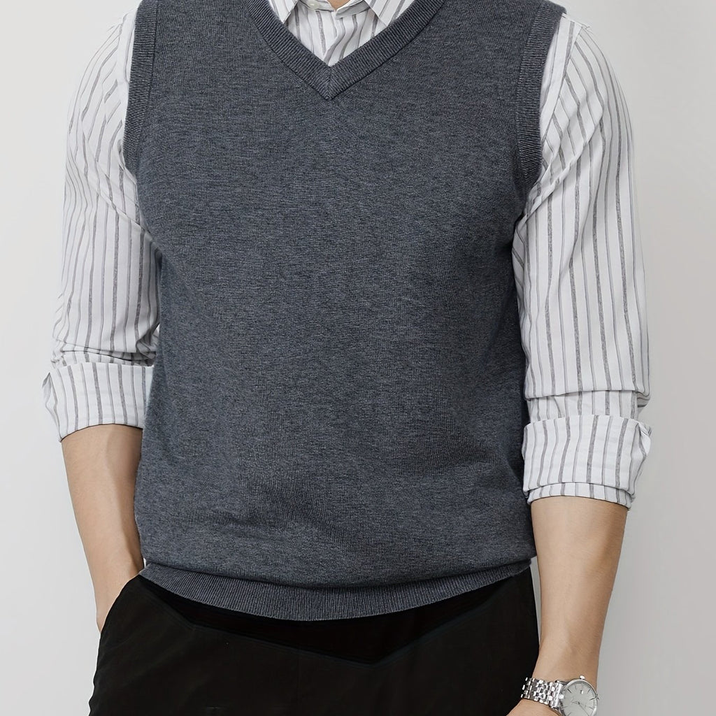1pc Gilet sans manches en tricot à col en V uni pour homme - Pullover en polyester légèrement extensible pour le printemps\u002Fl'automne - Débardeur en tricot ajusté