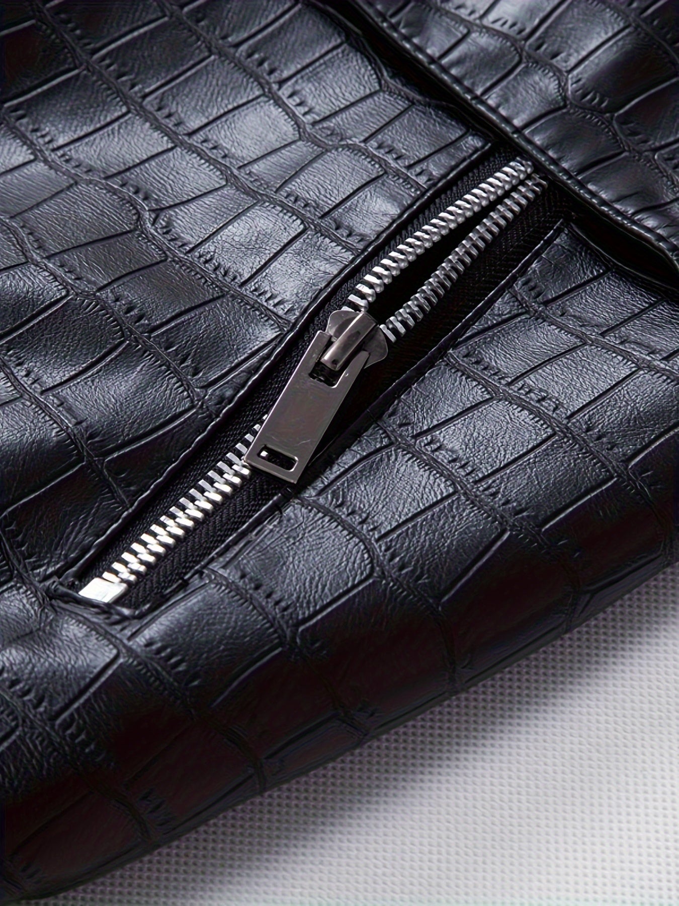 Men's Stylish Black PU Leather Jacket with Zipper Design, Baseball Collar & Crocodile Texture - Perfect for Casual Outings & Outdoor Adventures