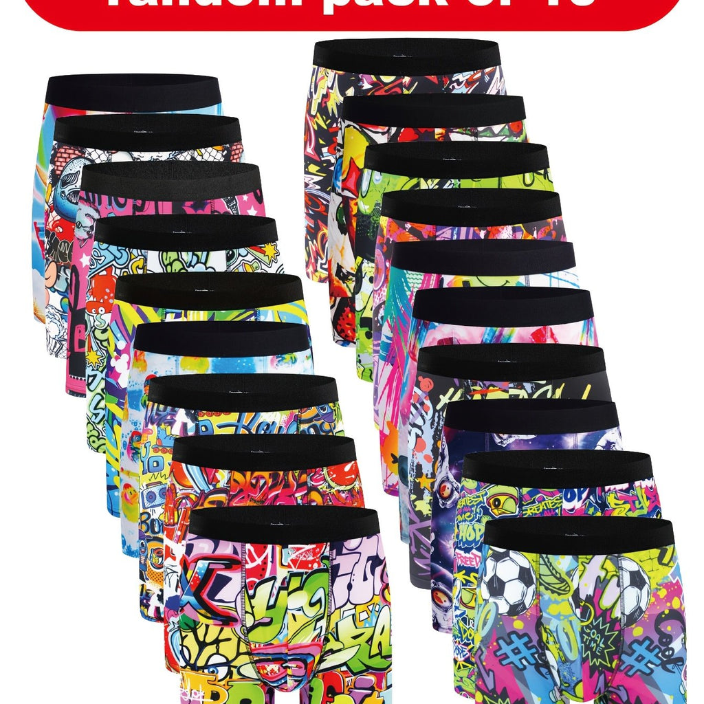10pcs Boxers Longs pour Hommes à Imprimé Graffiti - Respirants, Mélange de Polyester Extensible, Sous-vêtements Non-Transparents