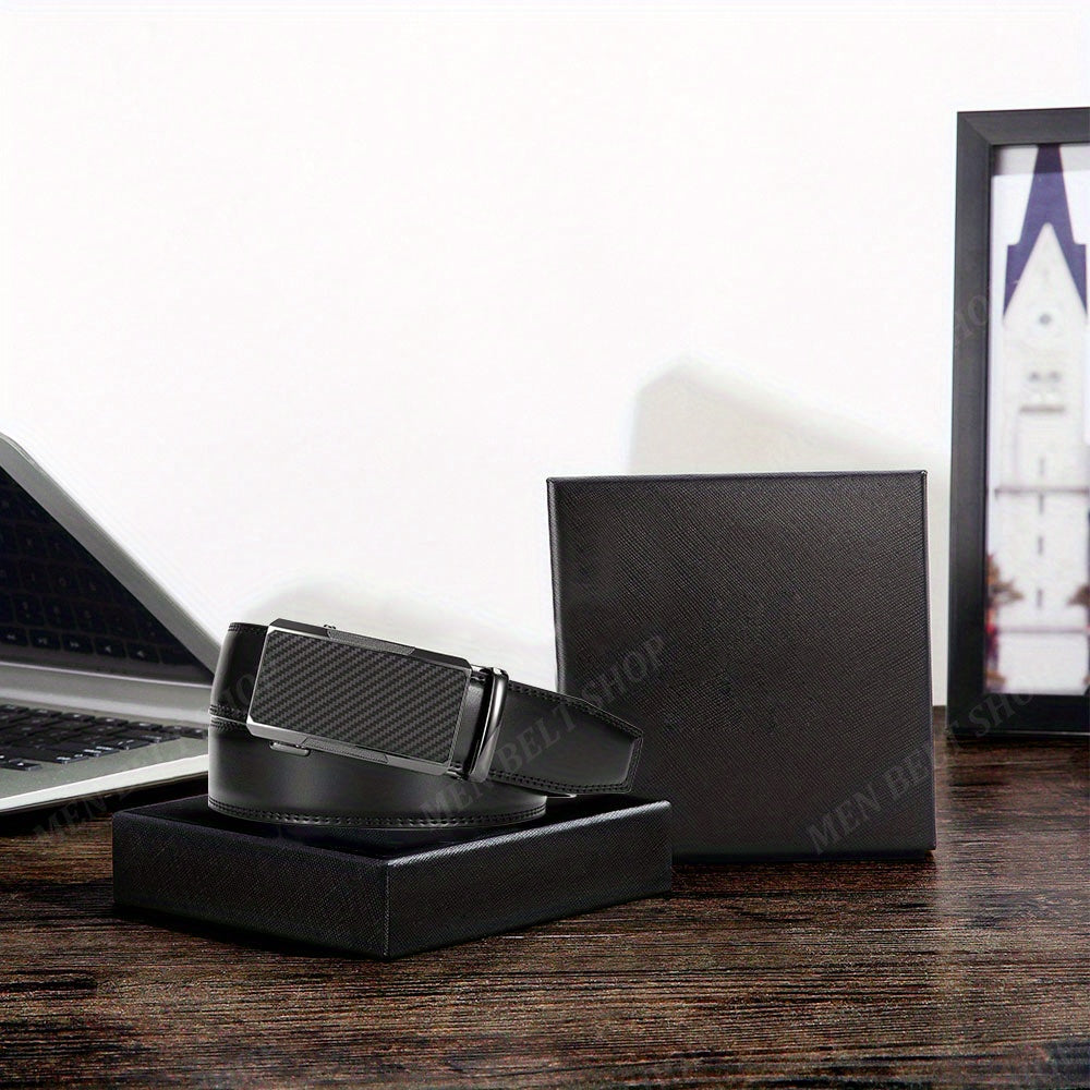 2pcs Ceintures en Cuir de Qualité Supérieure pour Hommes - Longueur Réglable, Durable avec Boucle Automatique, Finition Texturée - Idéales pour le Port Affaires & Décontracté en Noir, Marron Foncé & Fibre de Carbone Noire, Ceinture en Cuir