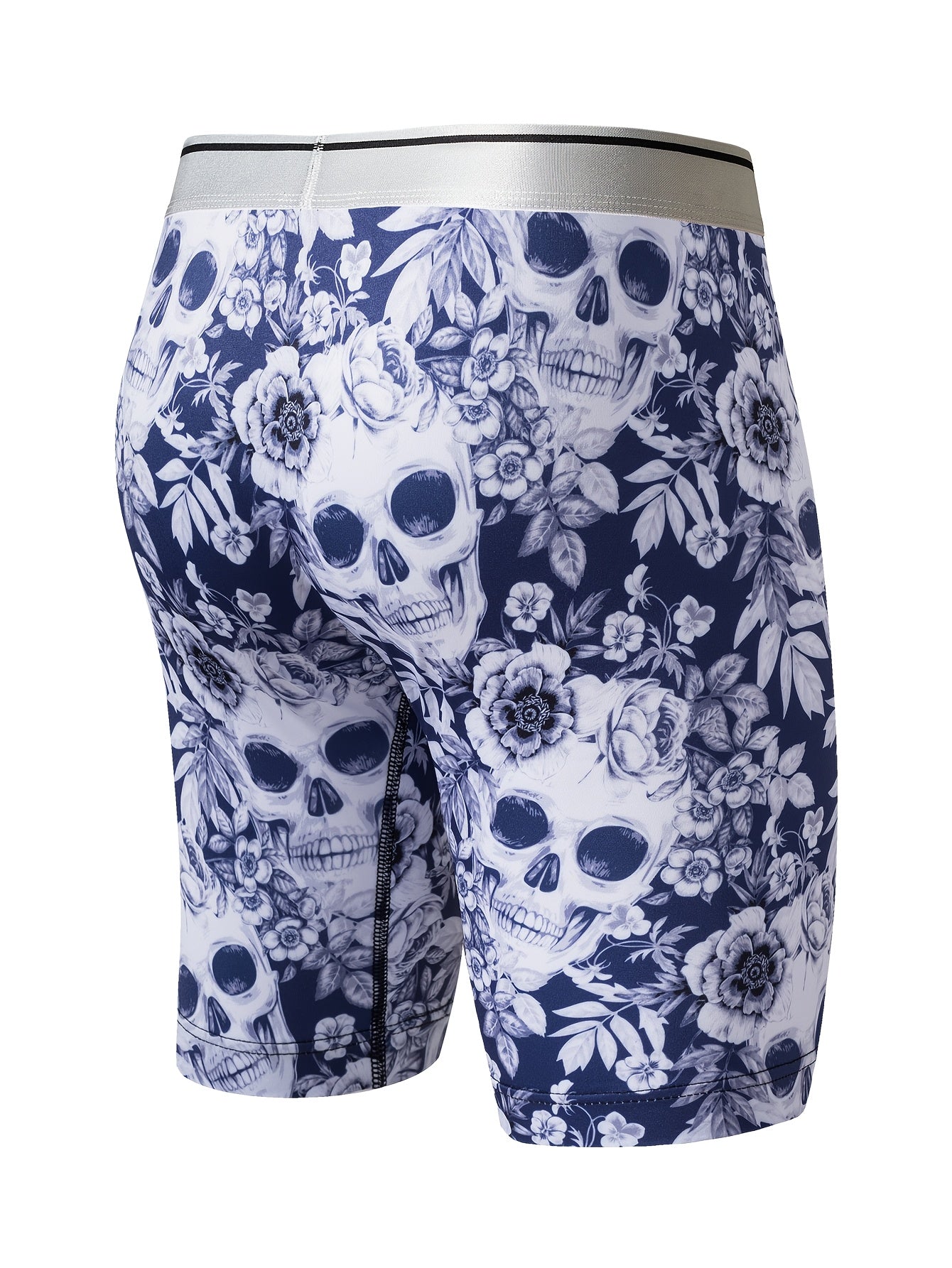 Caleçons à imprimé crâne floral pour hommes, en tissu tricoté polyester à haute extensibilité, design de poche en U pour la peau, anti-rayures et anti-humidité pour un usage quotidien et des activités en extérieur.