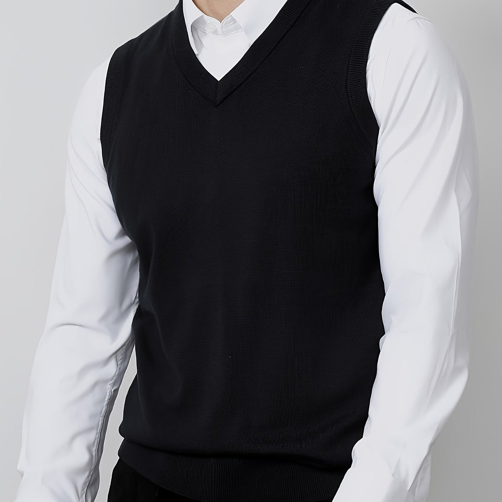 1pc Gilet sans manches en tricot à col en V uni pour homme - Pullover en polyester légèrement extensible pour le printemps\u002Fl'automne - Débardeur en tricot ajusté
