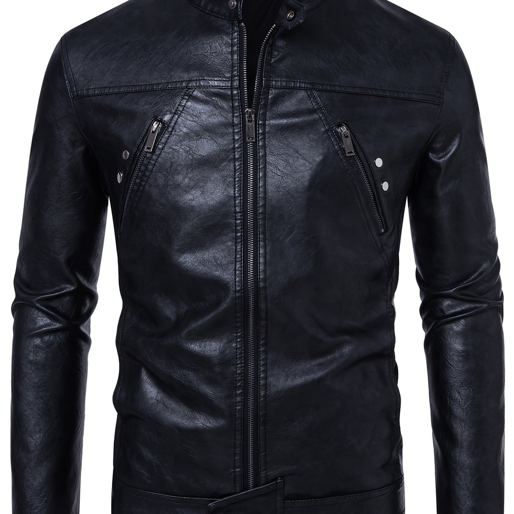 Men'S Casual Stand Collar Zipper Faux Leather Jacket, Fashion Motorcycle Style, Suitable for Street Outdoor And Riding Wear