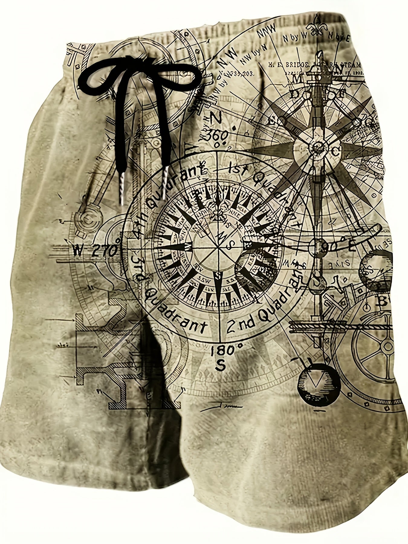 Men's Vintage Nautical Quick-Dry Shorts - Compass & Sailing Charts Design, Ideal for Summer Water Sports, Beach, and Surfing, Lightweight Polyester Fabric with Drawstring Waist