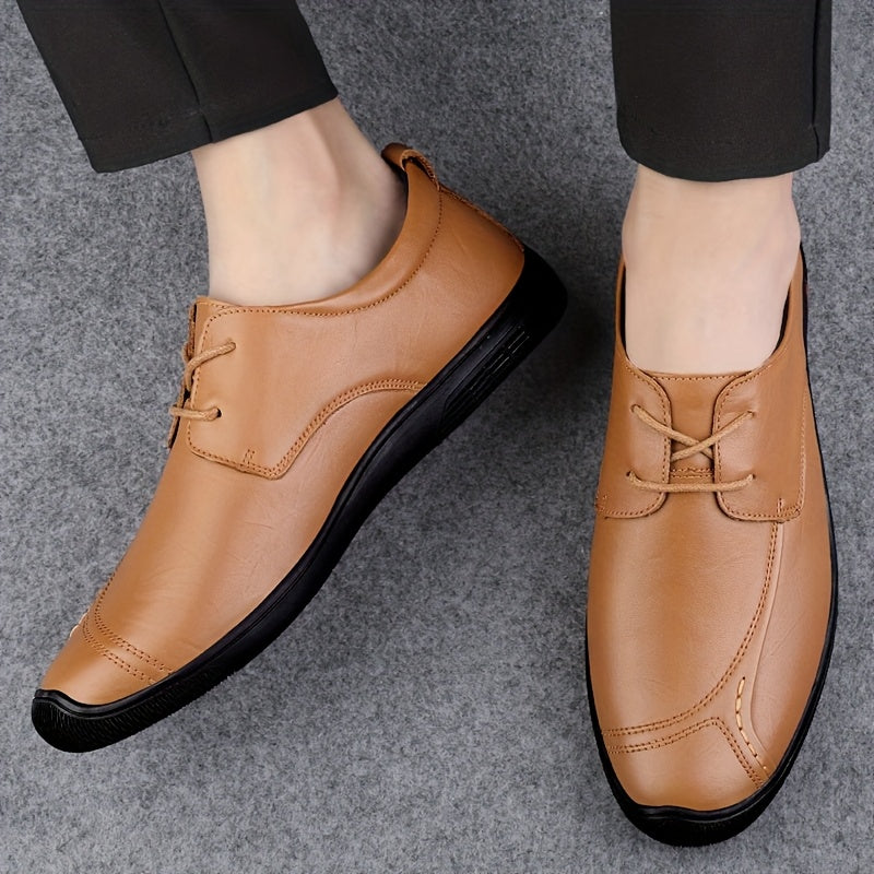 LUOQIRUI Men's Genuine Leather Casual Shoes - British Style Lace-Up Low-Top Oxfords with Soft Rubber Sole, Breathable & Durable for Business Casual & Casual Attire, Tan, Comfortable Footwear | Classic Shoe Design | Smooth Texture Finish
